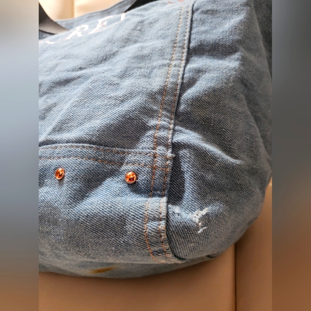 Victoria’s Secret Denim Blue Tote, Rose Gold Logo, Studded, Weekend Bag - Picture 2 of 15